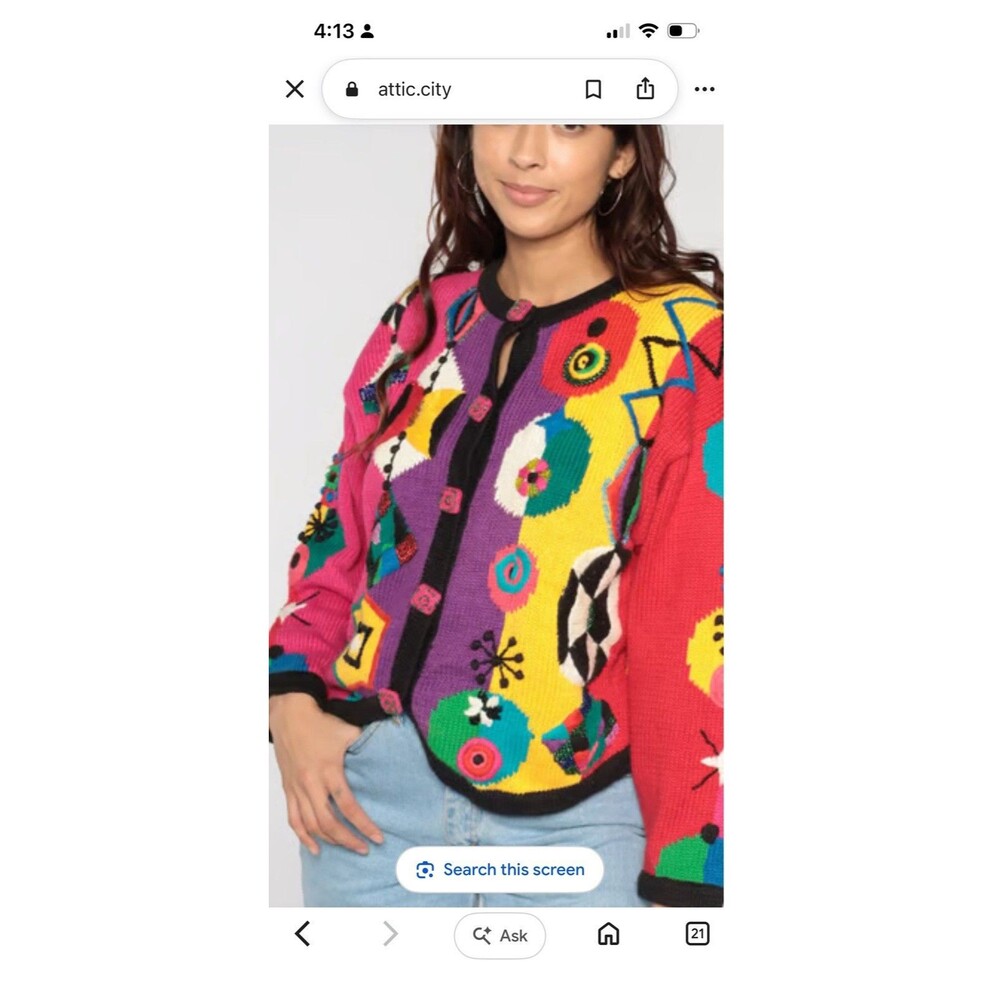 VINTAGE 90s Lisa Nichols Beaded Colorblock Cardigan Sweater S M Wearable Art